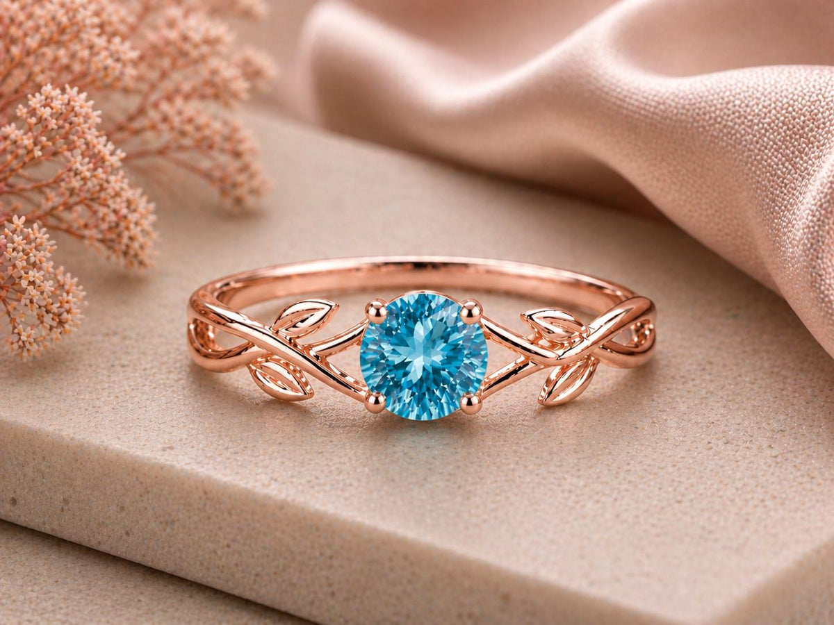 925 Sterling Silver Swiss Blue Topaz Vine Leaf Ring, Nature Inspired Minimalist Gift