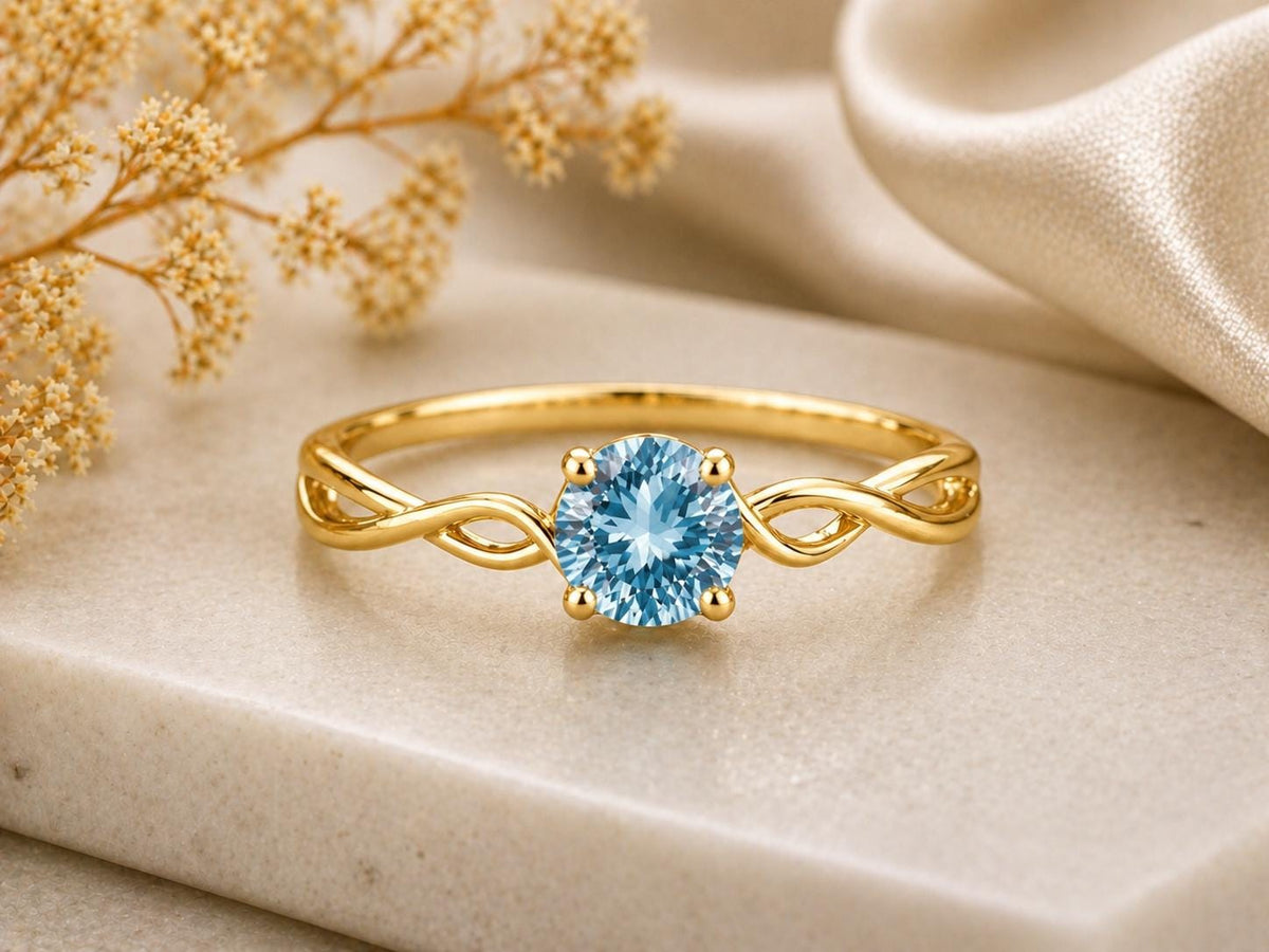 Swiss Blue Topaz Ring, 925 Sterling Silver, Infinity Twist Band, Round Cut Solitaire