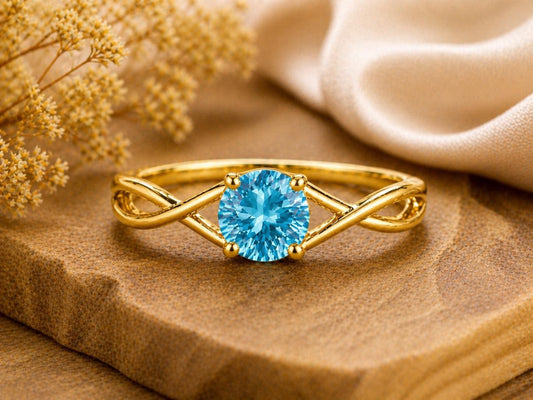 Swiss Blue Topaz Ring, Sterling Silver Infinity Twist Solitaire, Round Cut Gemstone