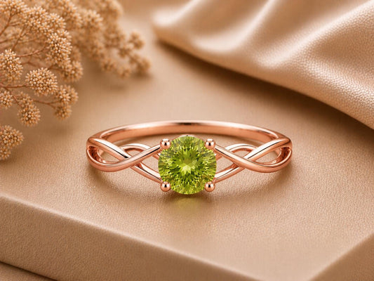 Peridot Infinity Twist Ring, Round Cut Green Stone, August Birthstone, Sterling Silver Promise Ring