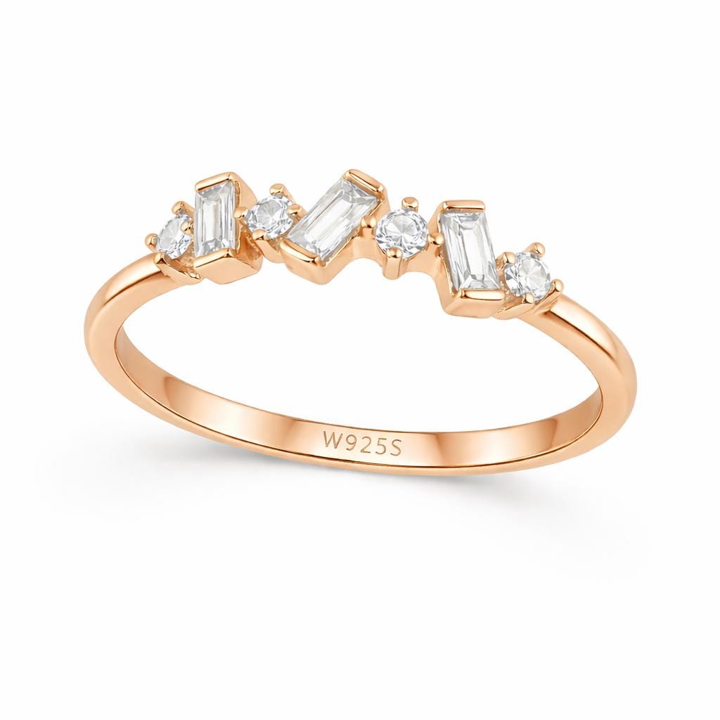 Sterling Silver Baguette CZ Geometric Ring, Dainty Stackable Band