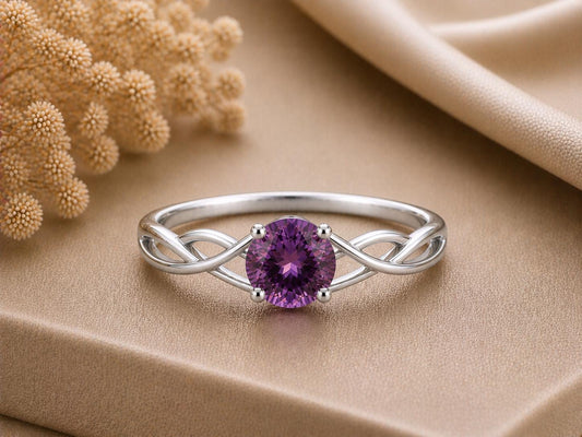 Amethyst Infinity Twist Ring, 925 Sterling Silver, Round Cut Purple Stone, February Birthstone