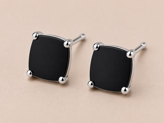 Black Onyx Cushion Cut Solitaire Stud Earrings, 925 Sterling Silver Minimalist Earrings