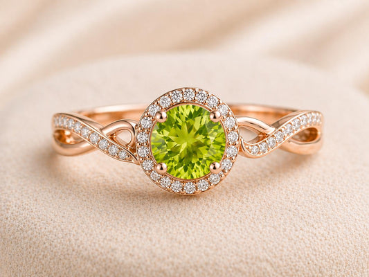 Sterling Silver Peridot Halo Ring, Twisted Infinity Band, August Birthstone Promise Ring