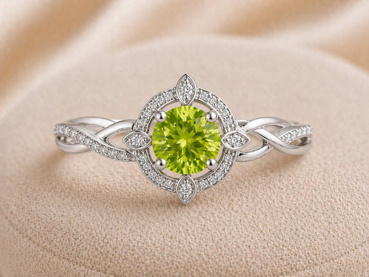 Sterling Silver Peridot Halo Ring, Vintage Floral Infinity Band, August Birthstone