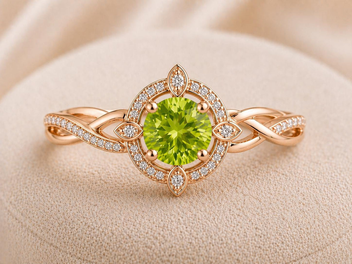 Sterling Silver Peridot Halo Ring, Vintage Floral Infinity Band, August Birthstone