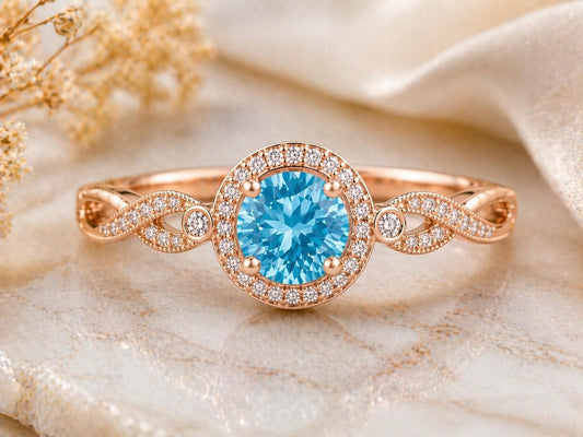 Sterling Silver Swiss Blue Topaz Halo Ring, Vintage Infinity Band, December Birthstone
