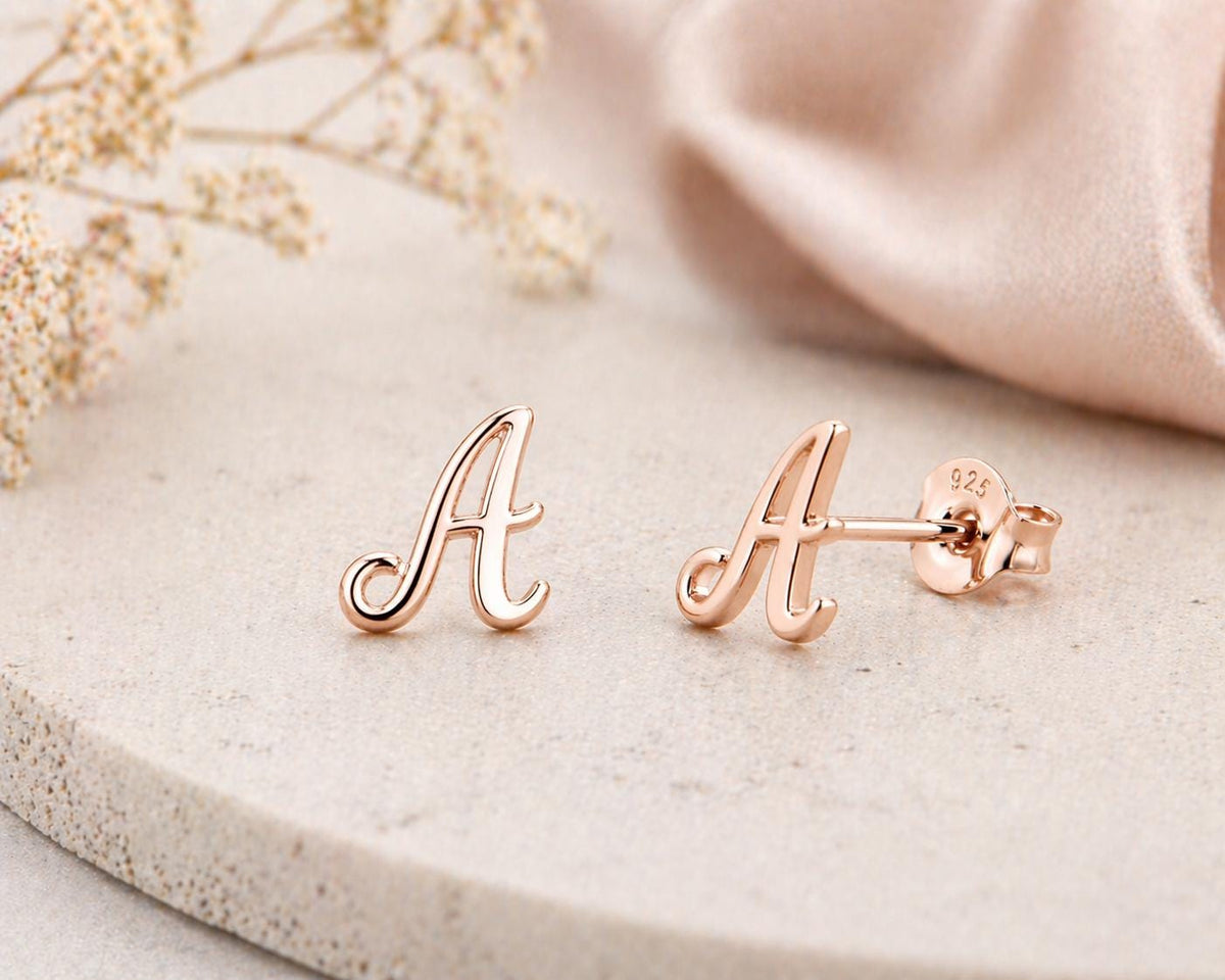 Sterling Silver Initial A Stud Earrings, Cursive Alphabet Minimalist Jewelry