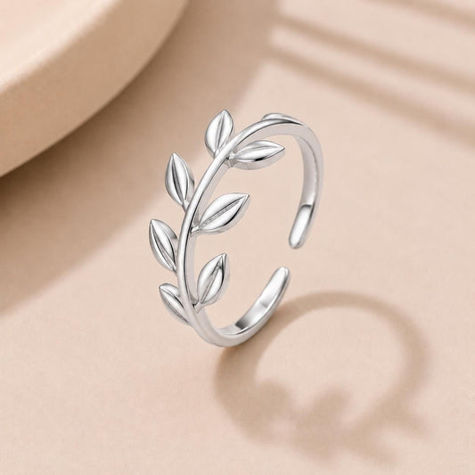 Sterling Silver Leaf Wrap Ring, Adjustable Botanical Nature Jewelry