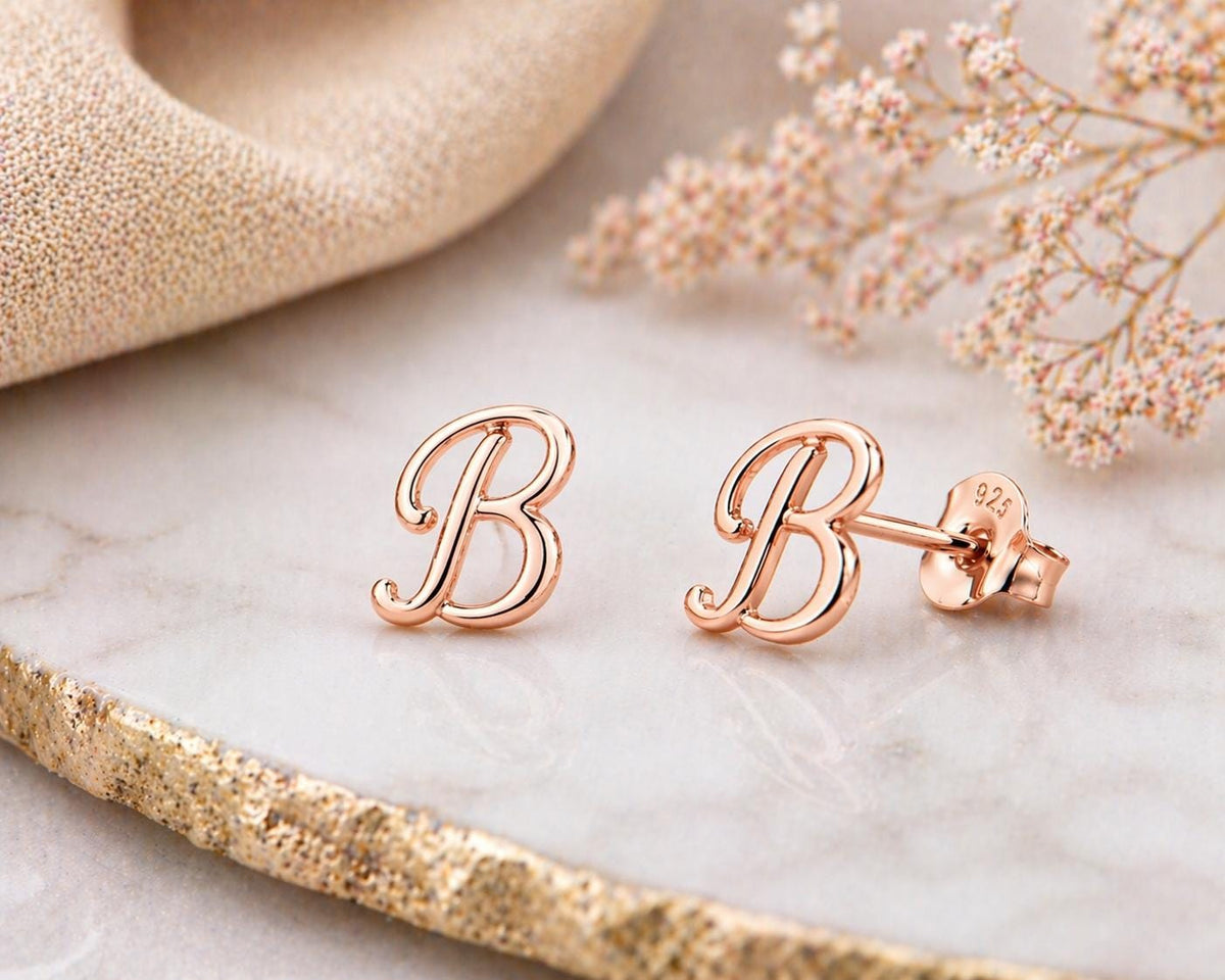 Sterling Silver Initial B Stud Earrings, Minimalist Alphabet Jewelry