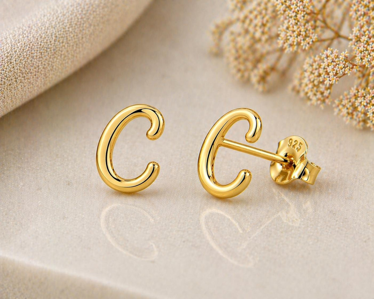 Sterling Silver C Initial Stud Earrings, Minimalist Cursive Alphabet Jewelry