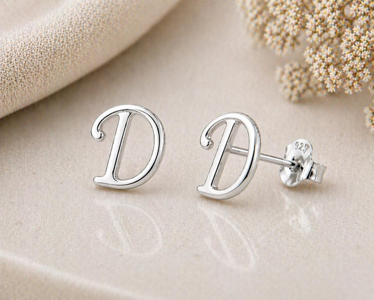 Sterling Silver Initial D Stud Earrings, Minimalist Alphabet Jewelry