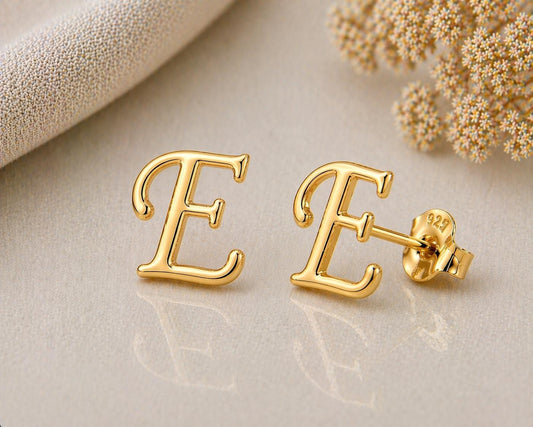 Sterling Silver Initial E Stud Earrings, Minimalist Alphabet Jewelry