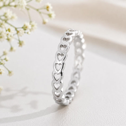 Sterling Silver Heart Eternity Ring, Minimalist Stackable Band, Romantic Love Jewelry
