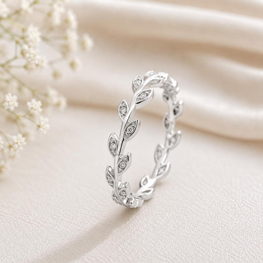 925 Sterling Silver Leaf Eternity Ring, CZ Accented Botanical Vine Band