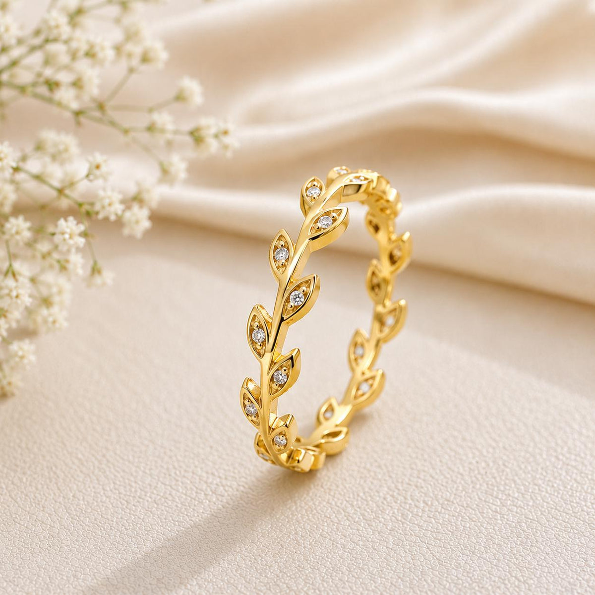 925 Sterling Silver Leaf Eternity Ring, CZ Accented Botanical Vine Band