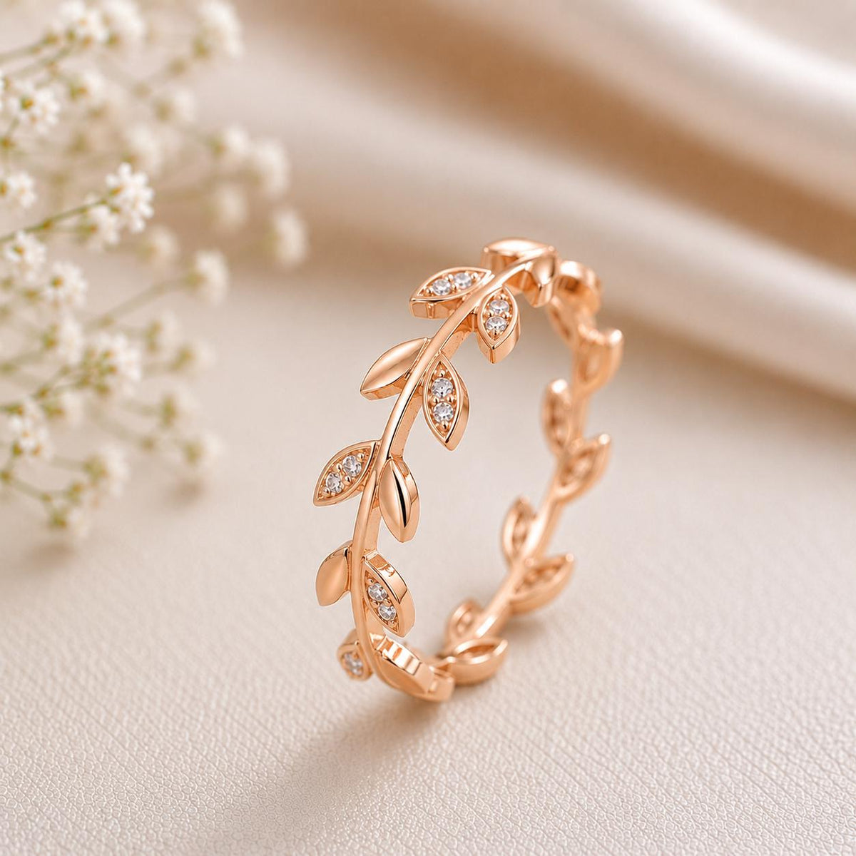 Sterling Silver Leaf CZ Eternity Ring, Botanical Vine Band, Minimalist Stackable Women's Jewelry