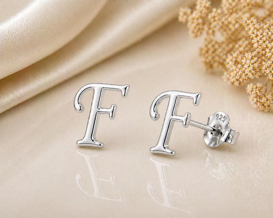 Sterling Silver Initial F Stud Earrings, Minimalist Alphabet Jewelry
