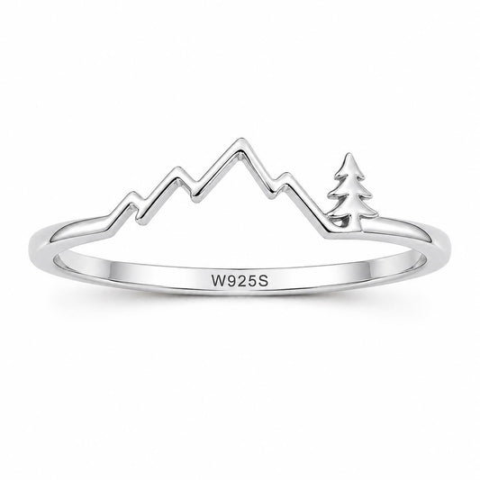 Sterling Silver Mountain Tree Ring, Minimalist Nature Landscape Jewelry