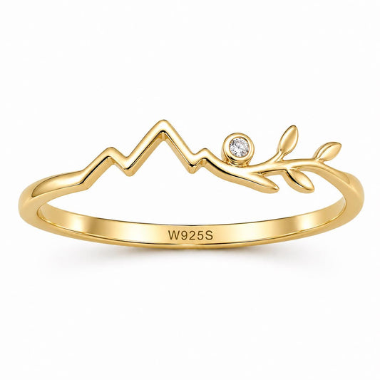 Sterling Silver Mountain Leaf Ring with CZ, Nature Inspired Minimalist Adventure Jewelry