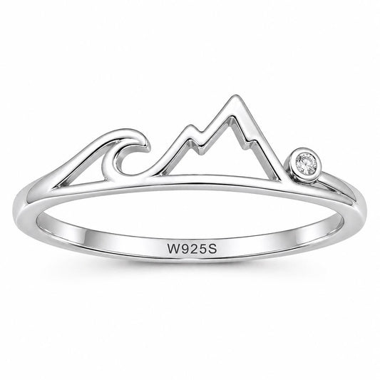 Sterling Silver Mountain Wave Ring with CZ, Minimalist Nature Adventure Jewelry