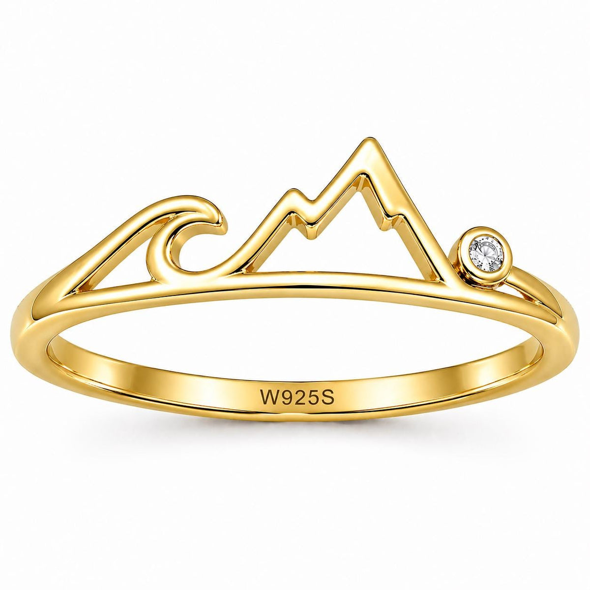 Sterling Silver Mountain Wave Ring with CZ, Minimalist Nature Adventure Jewelry