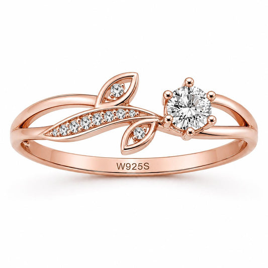 Sterling Silver Leaf Ring with CZ, Nature Engagement Promise Ring Her