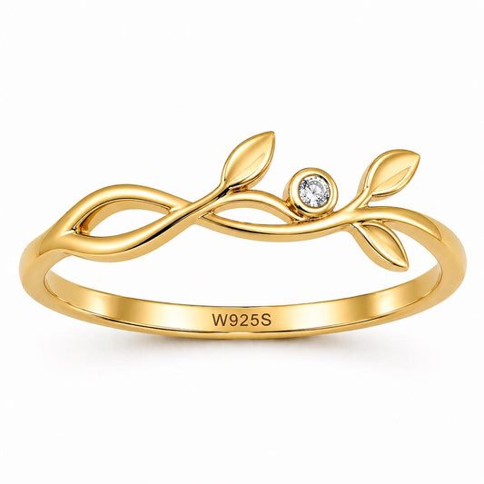 Sterling Silver Infinity Leaf Ring, CZ Nature Vine, Minimalist Promise Ring
