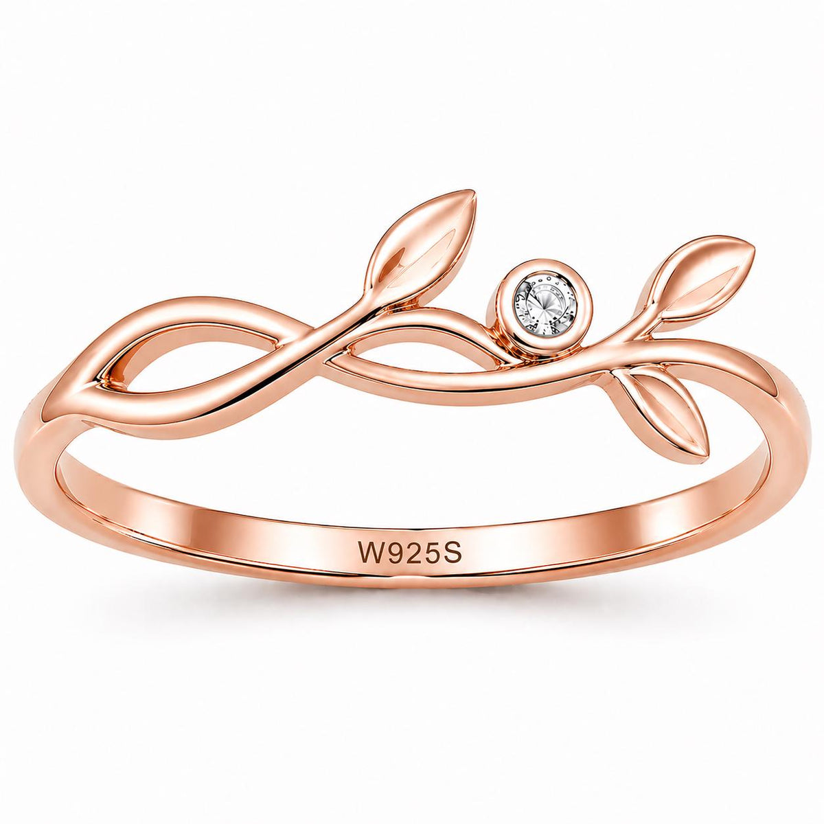 Sterling Silver Infinity Leaf Ring, CZ Nature Vine, Minimalist Promise Ring