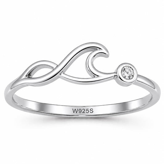 Sterling Silver Wave Ring with Bezel CZ, Minimalist Ocean Nature Inspired Ring