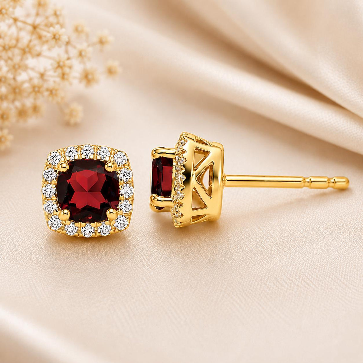 925 Sterling Silver Cushion Cut Red CZ Halo Stud Earrings, Garnet Color Cubic Zirconia