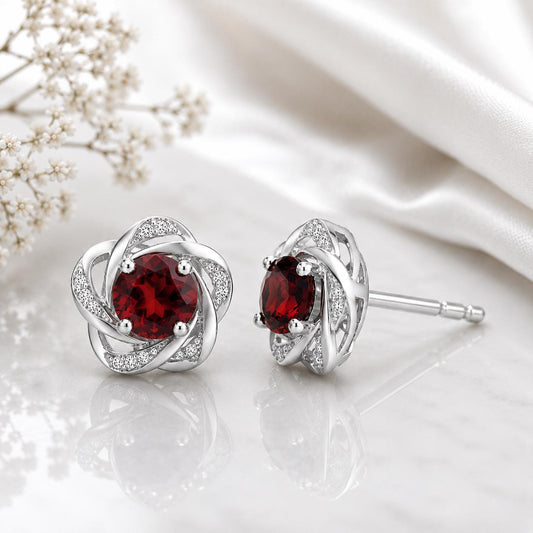 Sterling Silver Red CZ Flower Stud Earrings, Round Ruby Color Cubic Zirconia