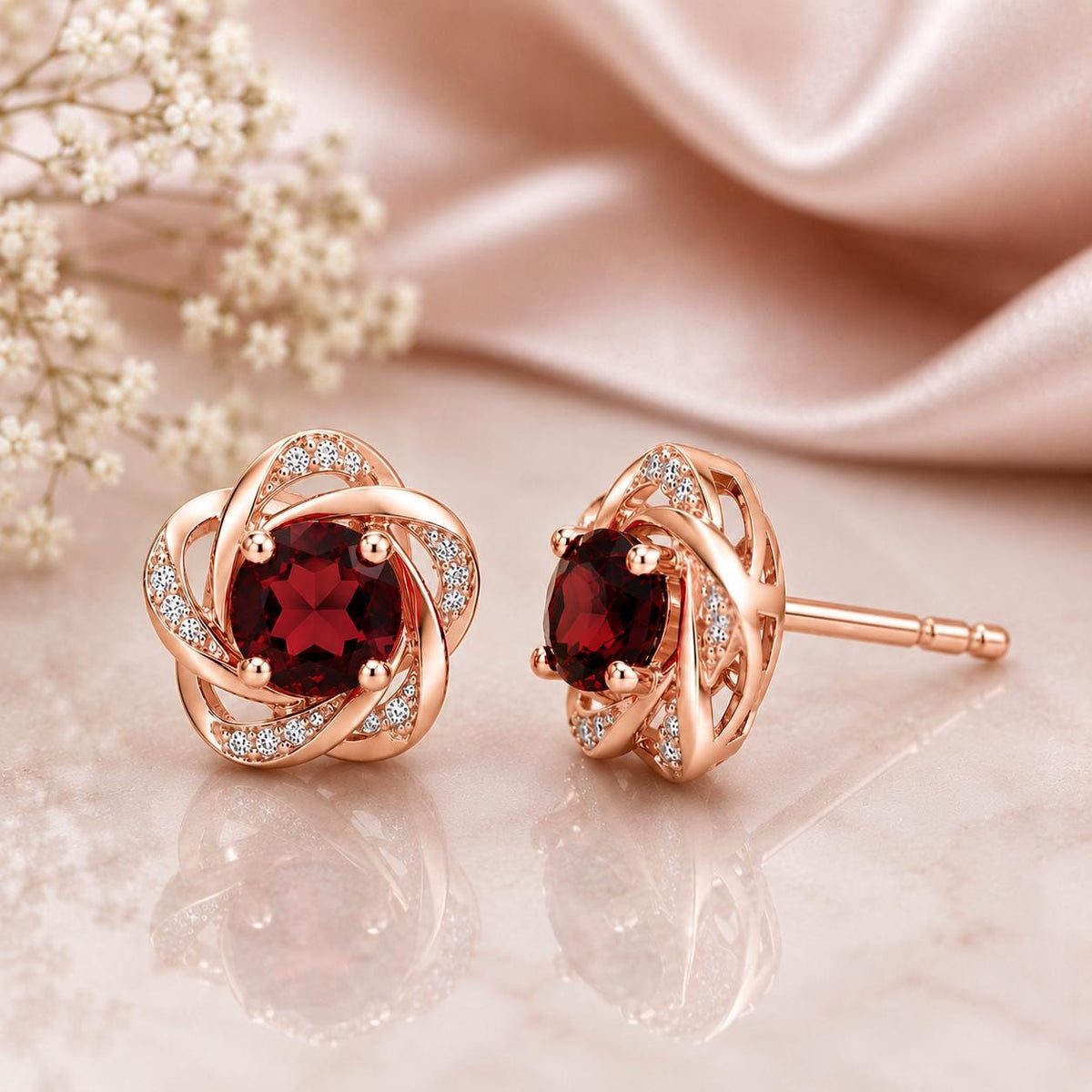 Sterling Silver Red CZ Flower Stud Earrings, Round Ruby Color Cubic Zirconia