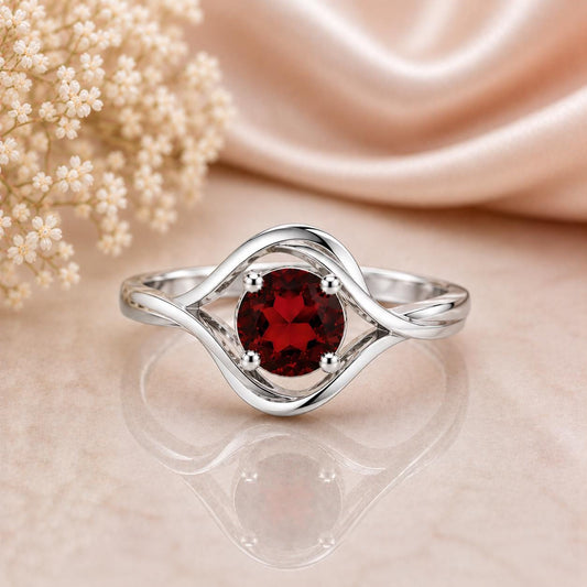 925 Sterling Silver Garnet Ring, Round Cut Red Stone, Minimalist Promise Ring
