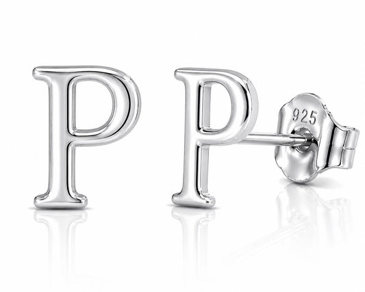 925 Sterling Silver P Initial Stud Earrings, Minimalist Personalized Name Studs