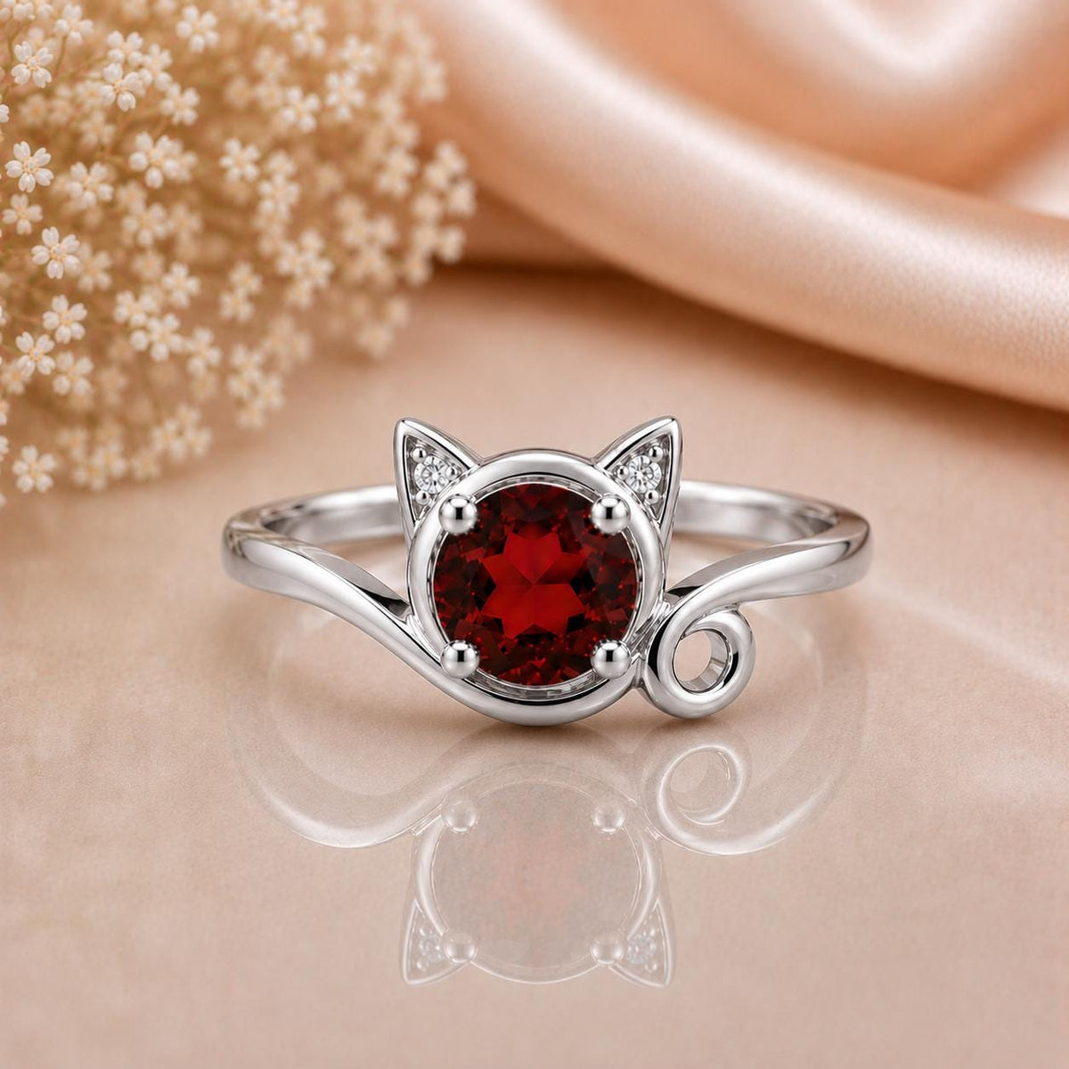 Sterling Silver Red CZ Cat Ring, Round Cut Animal Jewelry, Promise Ring