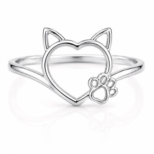 Sterling Silver Cat Heart Ring, Minimalist Paw Print Animal Lover Jewelry