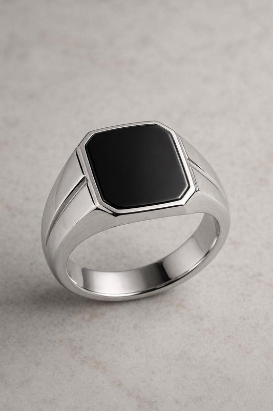 925 Sterling Silver Hexagon Black Onyx Signet Ring, Minimalist Statement Band