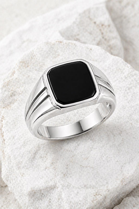 925 Sterling Silver Black Onyx Signet Ring, Engraved Band, Minimalist Statement Jewelry