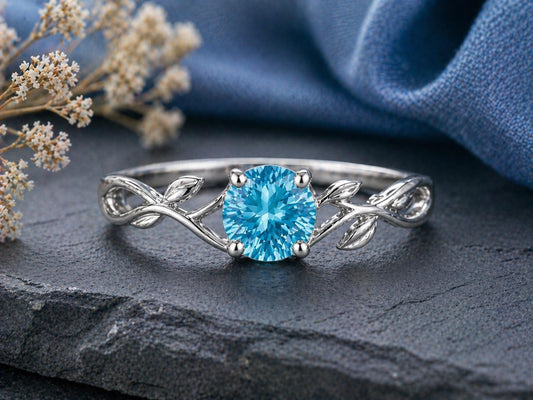 Sterling Silver Swiss Blue Topaz Leaf Vine Ring, Nature Inspired Minimalist Promise Ring