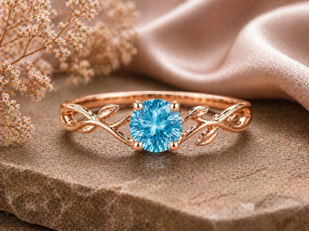 Sterling Silver Swiss Blue Topaz Leaf Vine Ring, Nature Inspired Minimalist Promise Ring