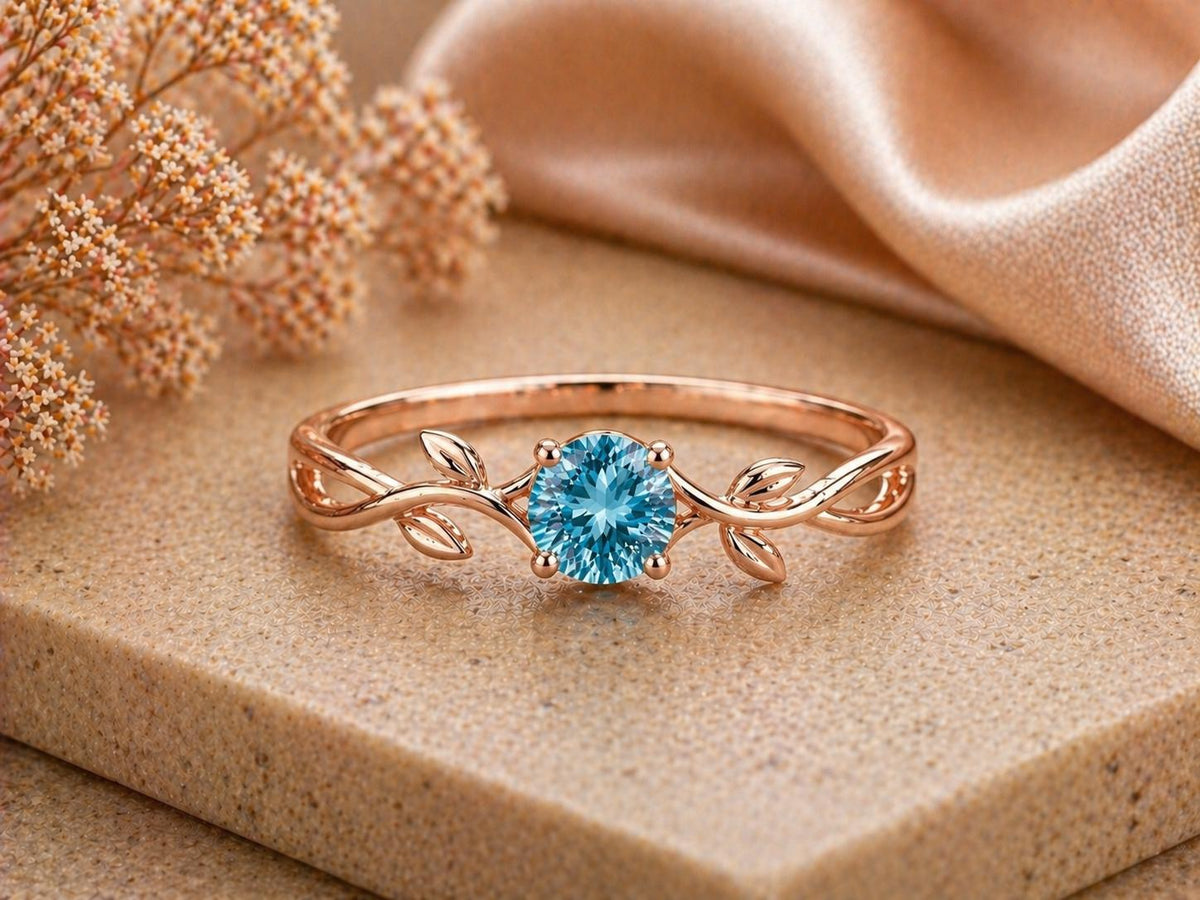 Sterling Silver Swiss Blue Topaz Leaf Vine Ring, Nature Inspired Promise Ring