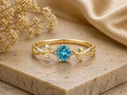 Sterling Silver Swiss Blue Topaz Leaf Vine Ring, Nature Inspired Promise Ring