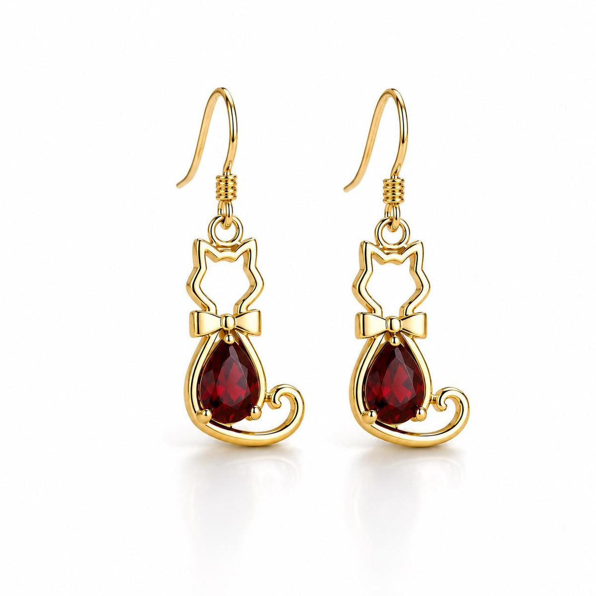 Sterling Silver Garnet Cat Dangle Earrings, Pear Cut Gemstone Animal Jewelry