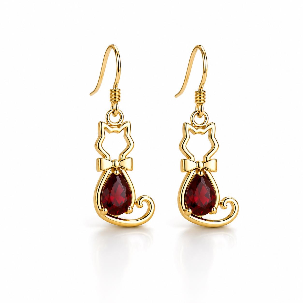 Sterling Silver Garnet Cat Dangle Earrings, Pear Cut Gemstone Animal Jewelry