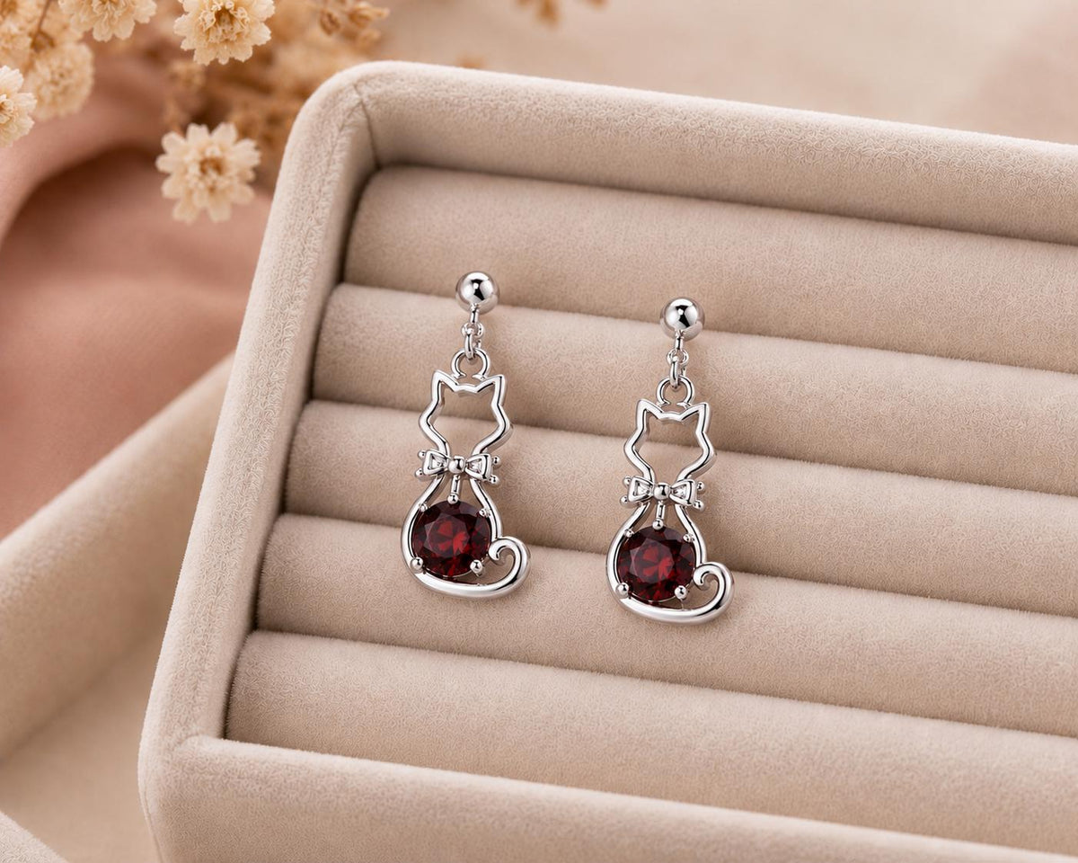 Sterling Silver Garnet Cat Dangle Earrings, Animal Silhouette Jewelry, Pet Lover Gift