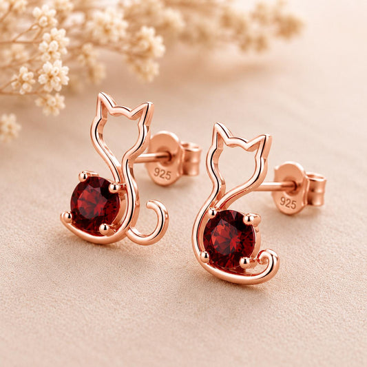 Sterling Silver Garnet Cat Stud Earrings, Minimalist Animal Jewelry, Round Red Gemstone