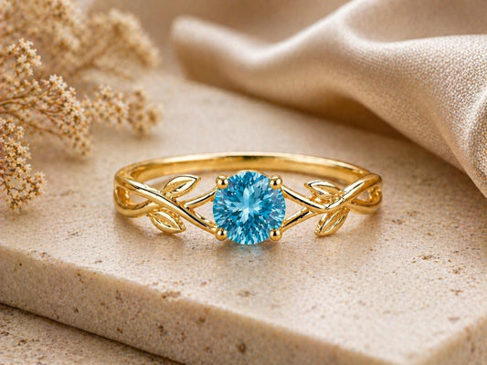 925 Sterling Silver Swiss Blue Topaz Vine Leaf Ring, Nature Inspired Minimalist Gift
