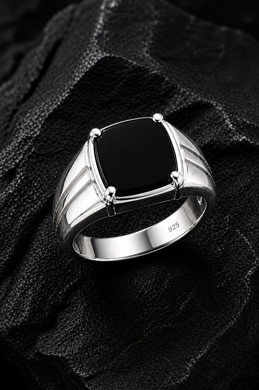 Black Onyx Cushion Cut Signet Ring, 925 Sterling Silver Statement Ring Him