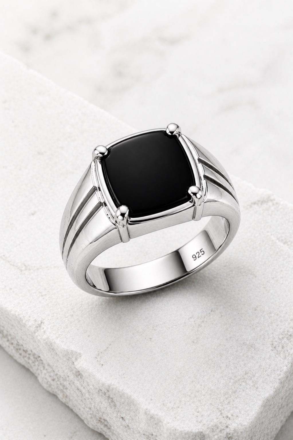 Black Onyx Cushion Cut Signet Ring, 925 Sterling Silver Statement Ring Him